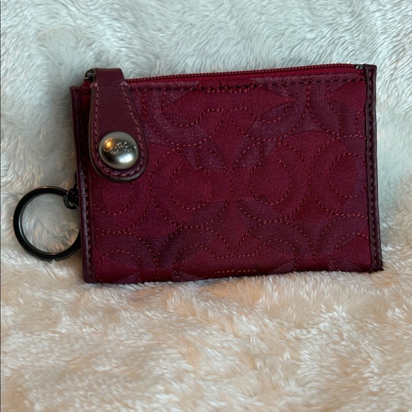 Coach Handbags - Coach Burgundy Signature Zip Card Case/Wallet With Key Ring